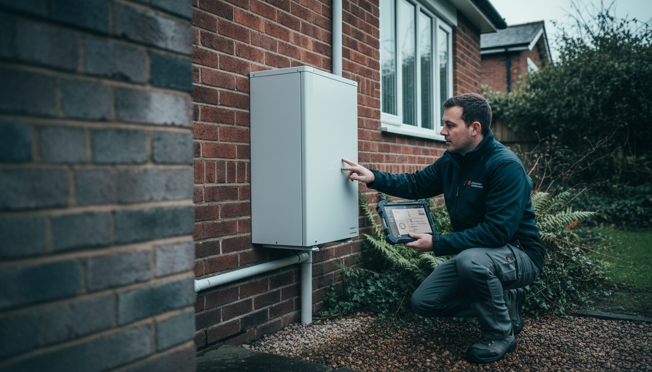 Heating engineer surveying a home for an air source heat pump in Altrincham