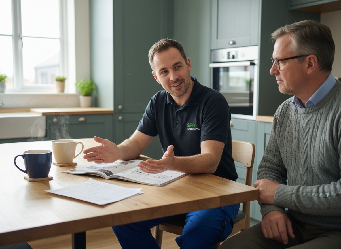 Engineer explaining options to a homeowner at the kitchen table