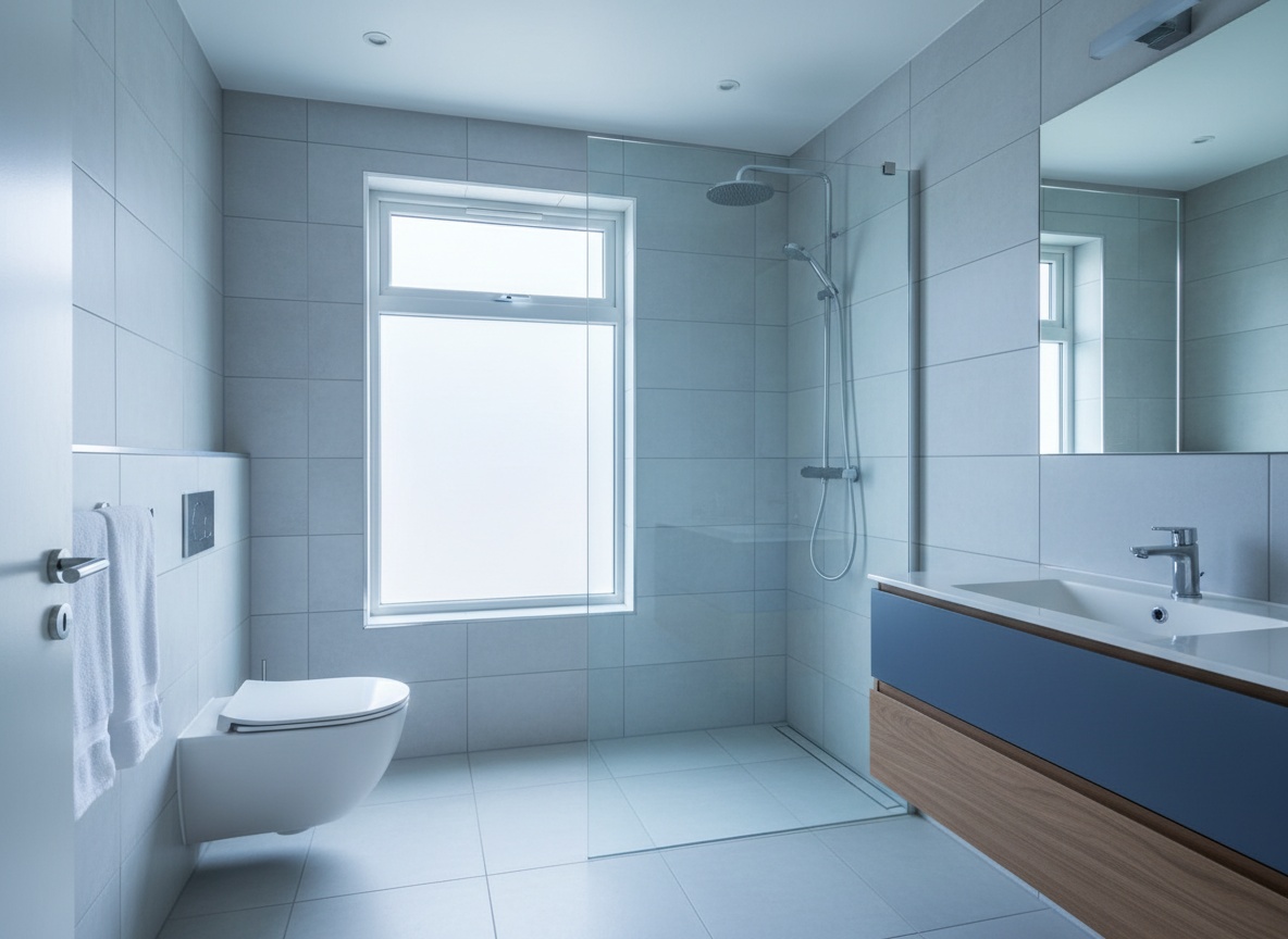 Newly finished tiled UK bathroom with a walk-in shower