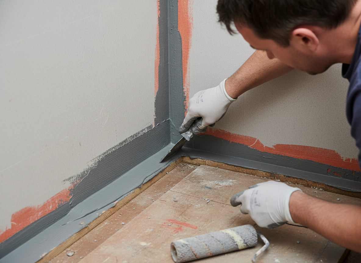 Waterproof tanking membrane being bonded at a wet-room corner