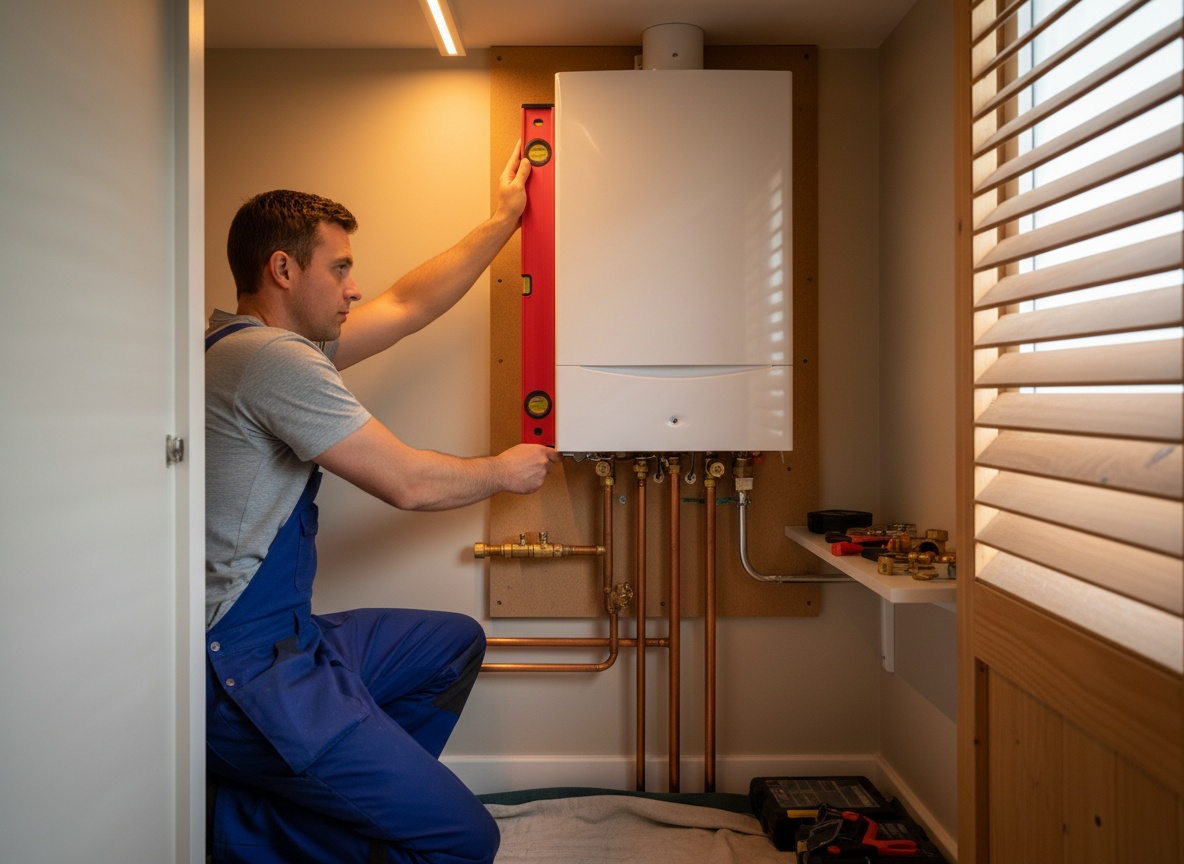 Engineer fitting a wall-mounted combi boiler in a UK cupboard