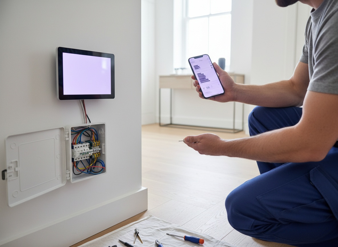 Engineer setting up a smart heating control on a hallway wall
