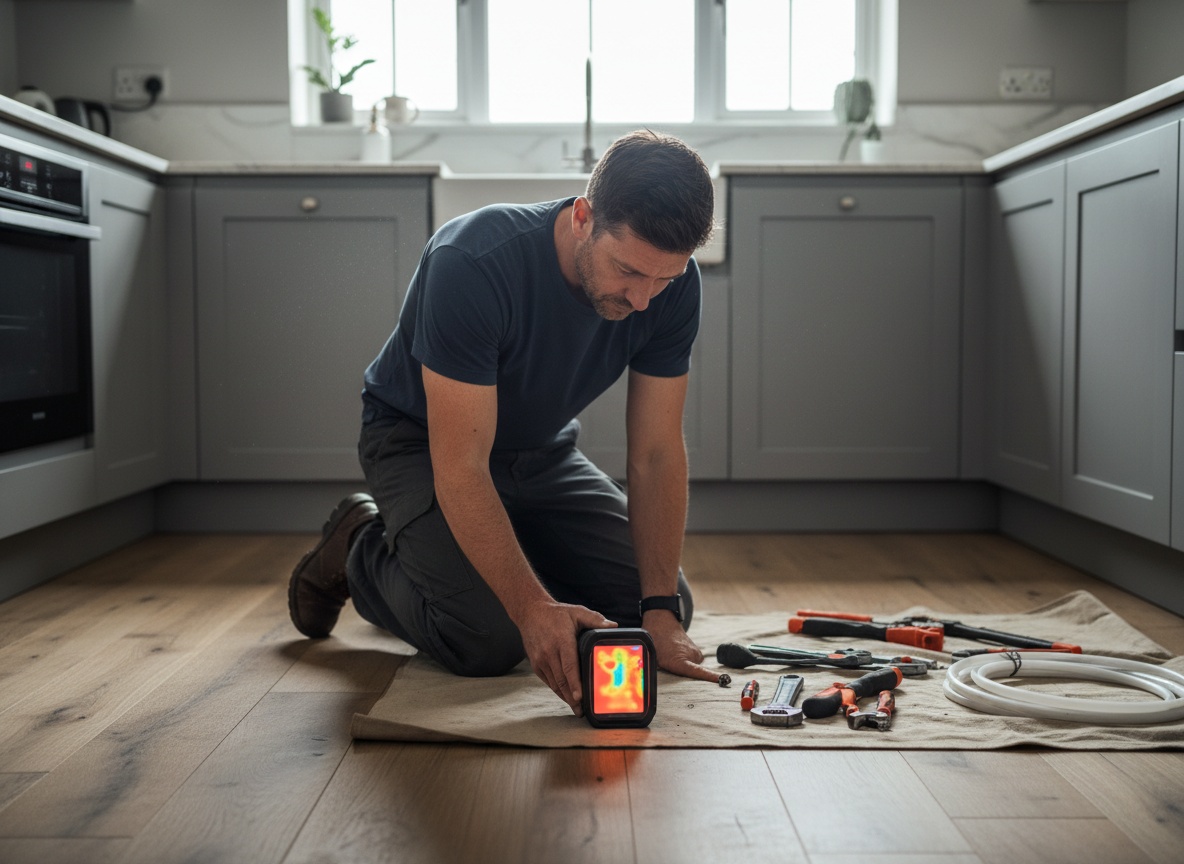 Plumber locating a hidden leak with a thermal imaging camera