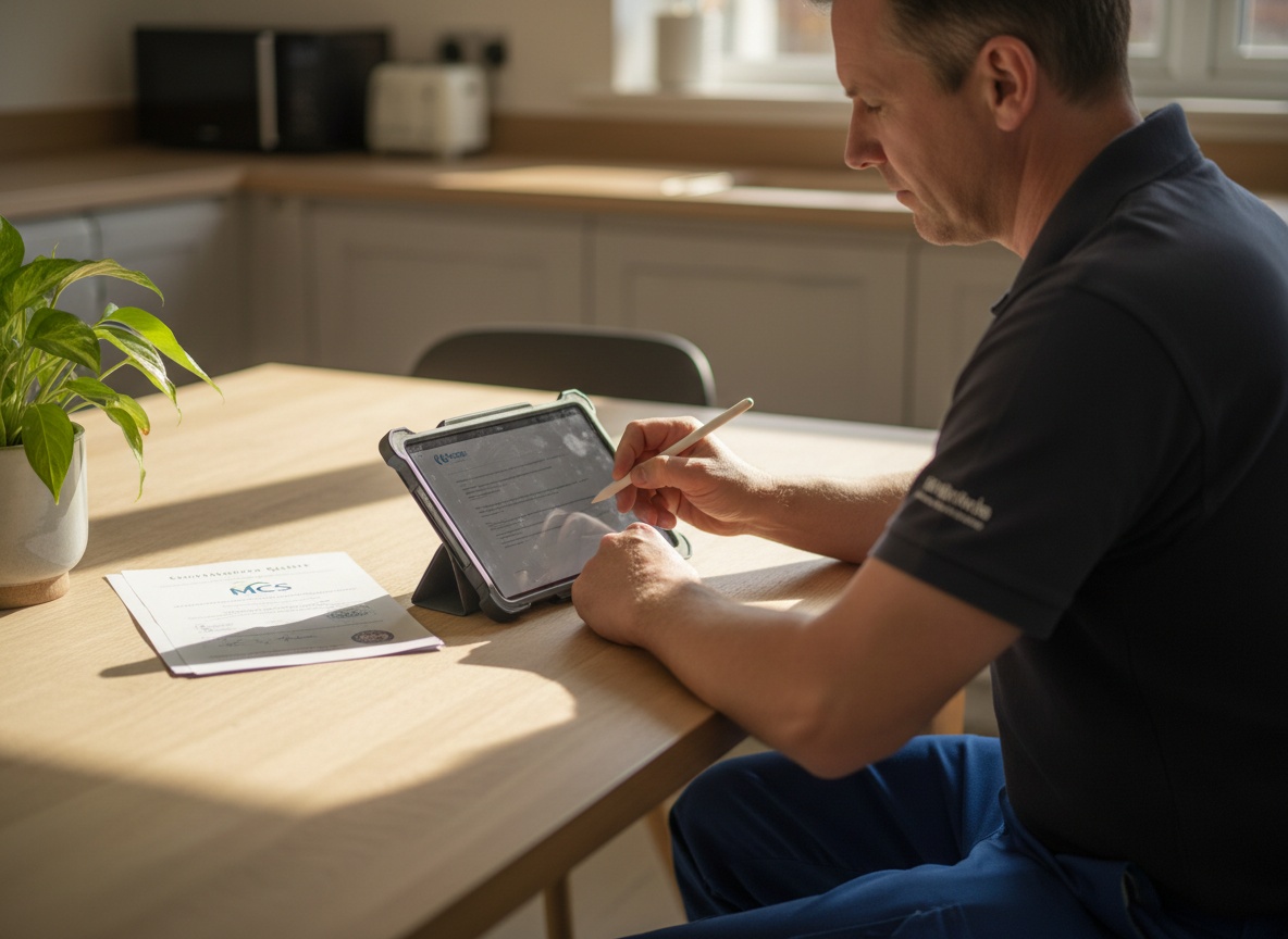 MCS-certified engineer completing heat pump grant paperwork