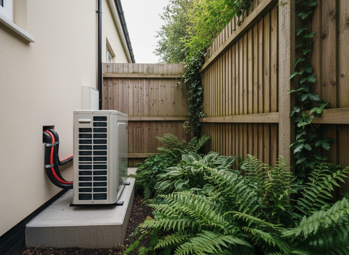 Air source heat pump installed against the fence of a UK semi