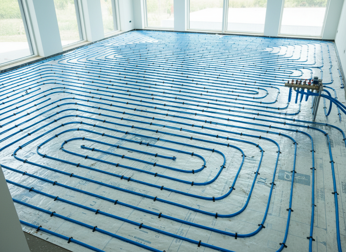 Underfloor heating pipe loops clipped to insulation before screed